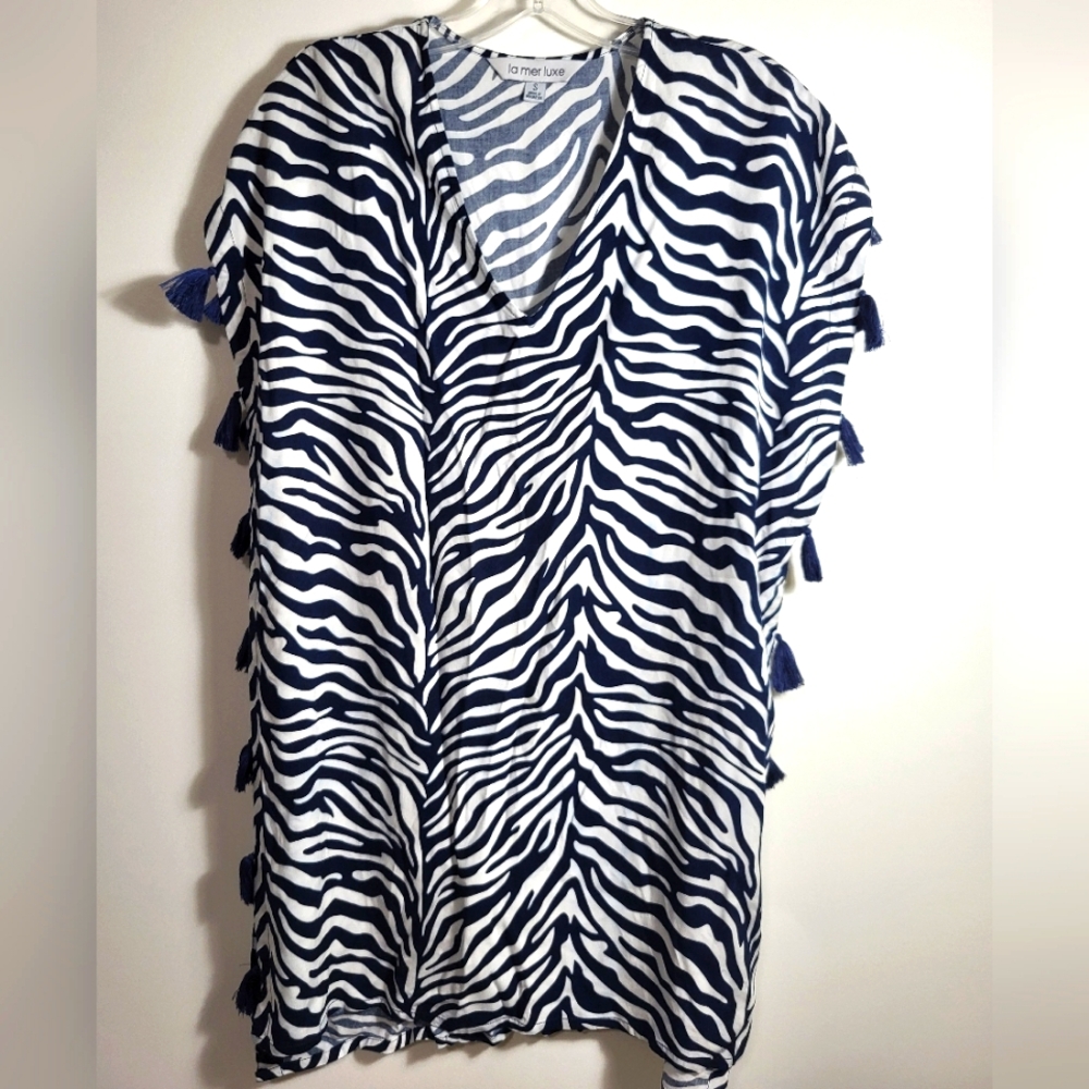 la mer luxe navy blue & white zebra print cover up women's S #2299
